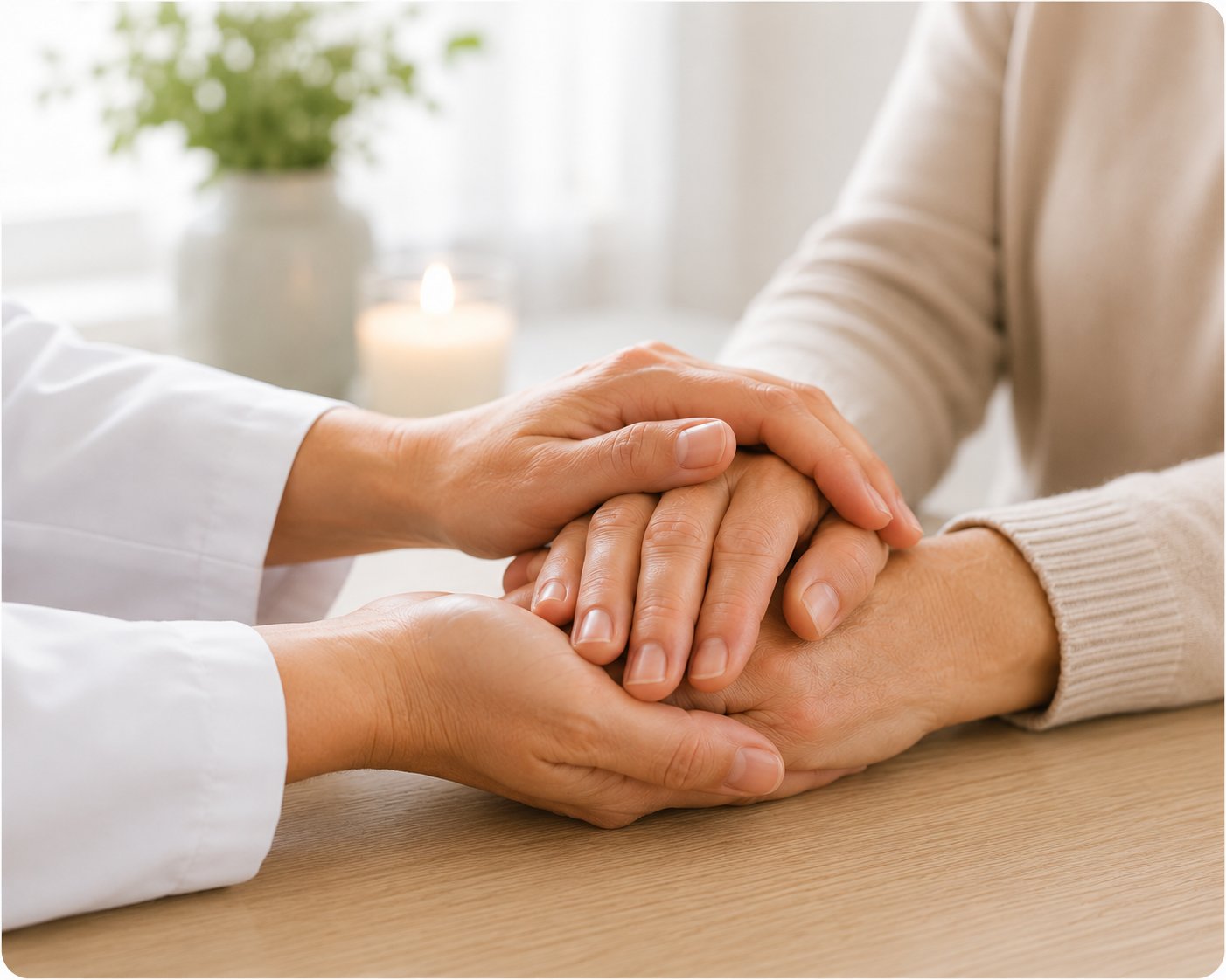A physician comforting a patient