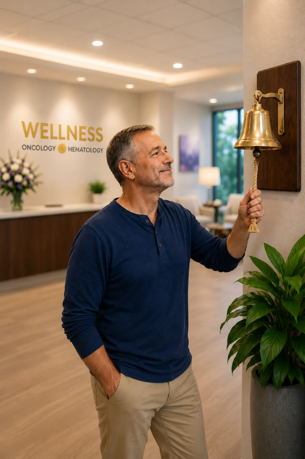 A patient ringing the celebratory bell in the lobby